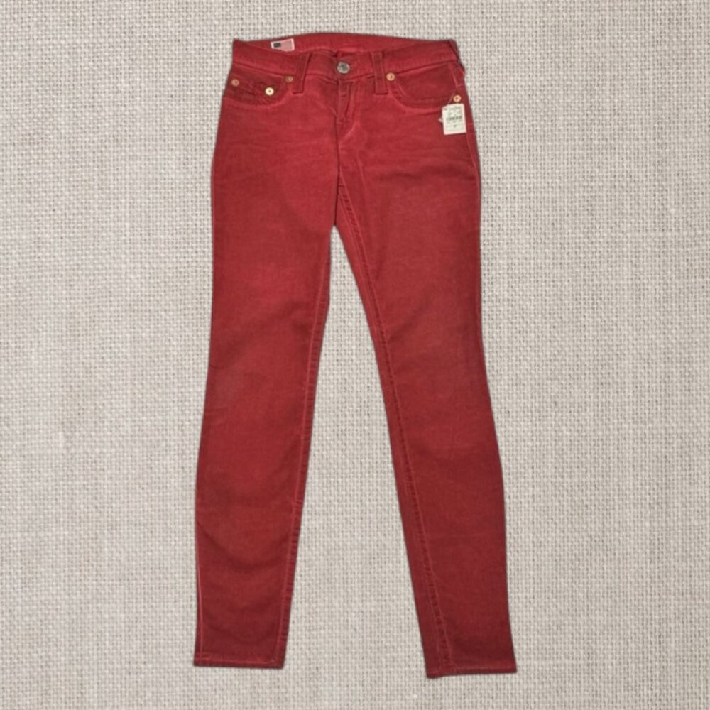 NWT True Religion Casey Red Black Washed Womens Skinny Fit Stretch Jeans Size 27